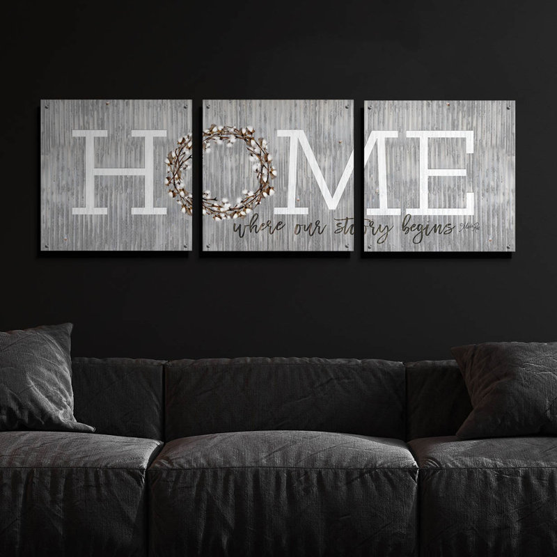 «Home - Where Our Story Begins» par Marla Rae, art mural en verre acrylique, ensemble de 3 pièces, H 24 po x l 72 po