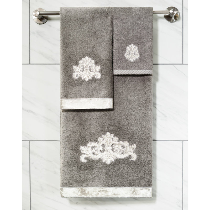  Fleur De Lis 100% Turkish Cotton 3 Piece Towel Set, Charcoal