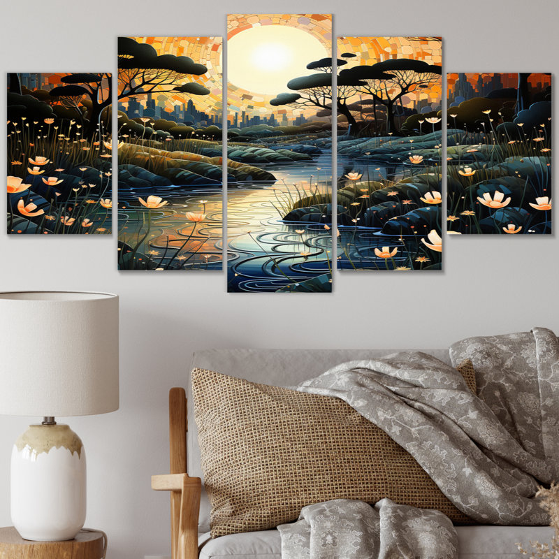 River Pointillism Charm At Night I - impression sur toile pointillisme - 5 panneaux