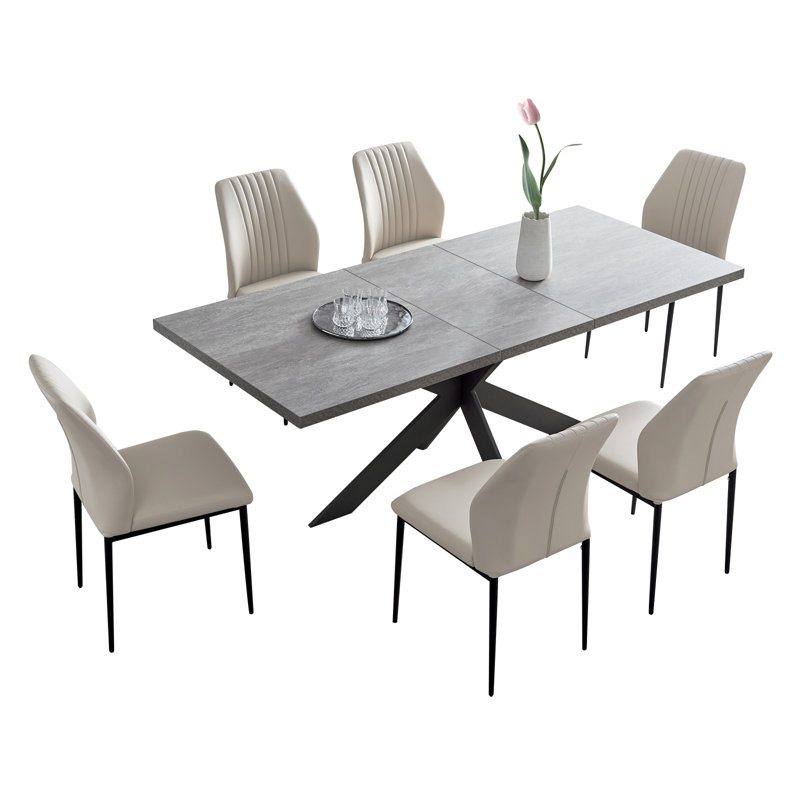 Geigle Extendable Table Set for Kitchen Dining Room Table, Home Furniture(1Table, 6Chairs), Gray, Beige