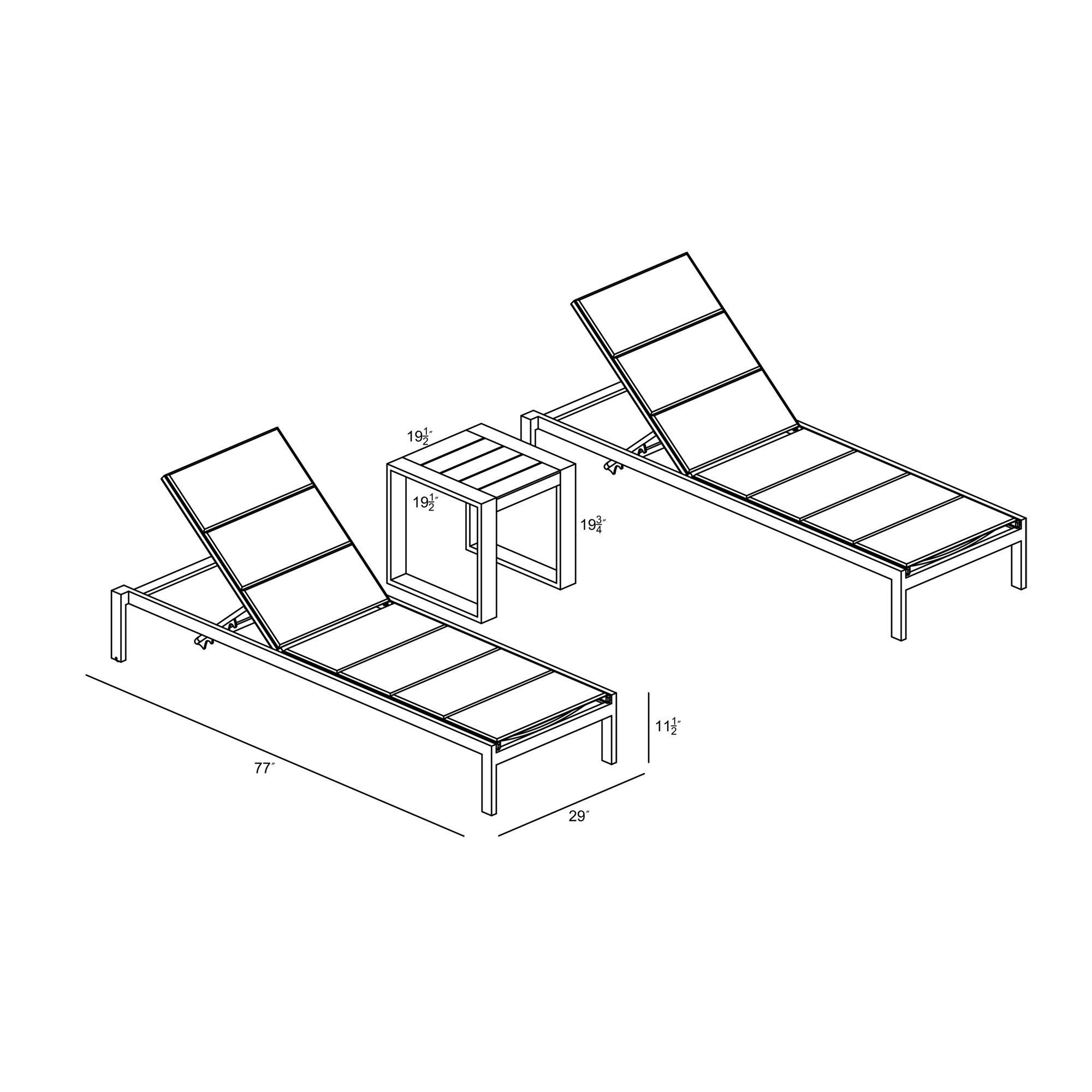 Evelyne 77" Long Reclining Chaise with Table, White Frame/Gray Cushion
