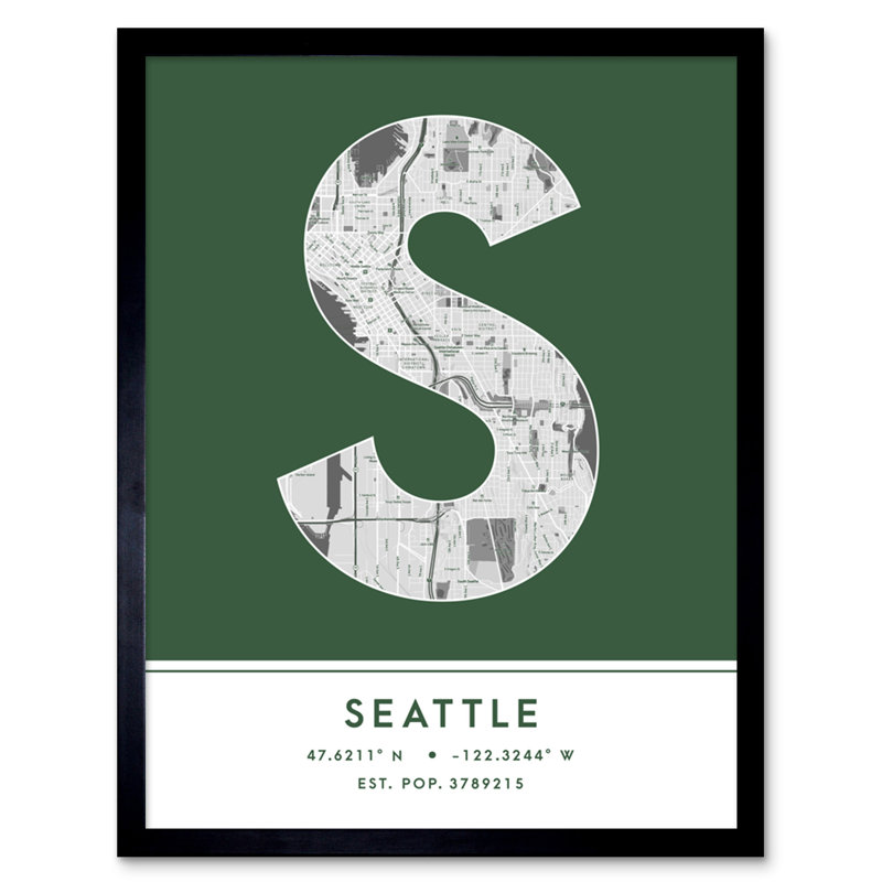 Seattle City Map Seattle Green by Wee Blue Coo - Single Picture Frame Typography