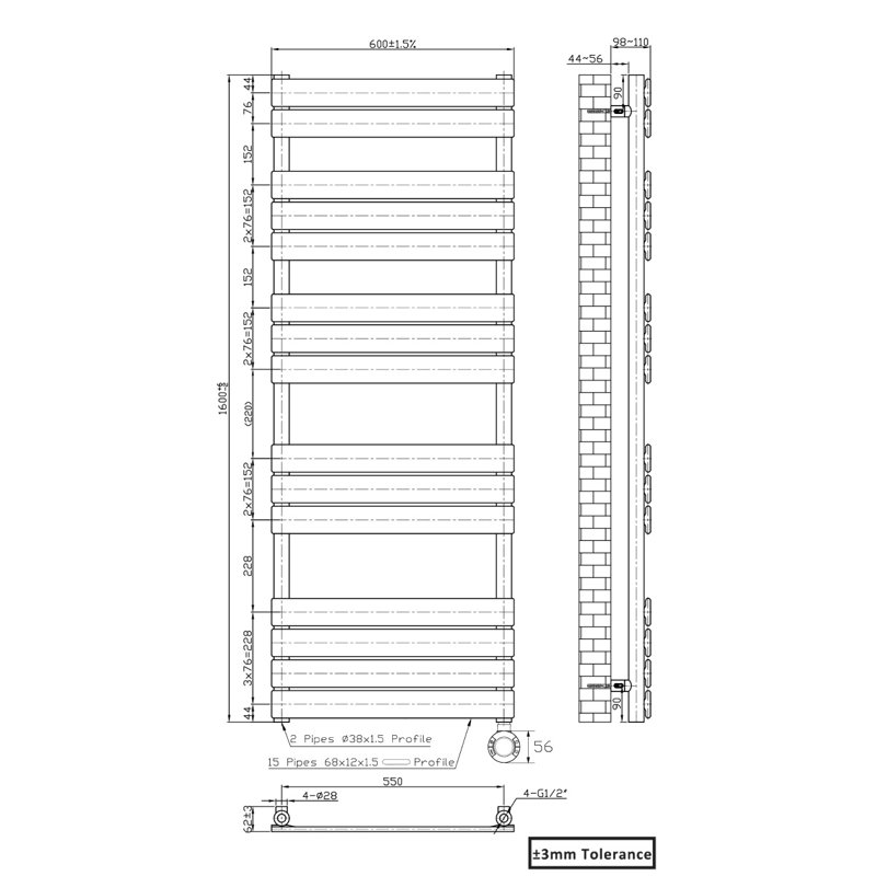 Flat Panel Towel Rail Heated Towel Rails, 160cm H x 60cm W x 6.2cm D, Chrome