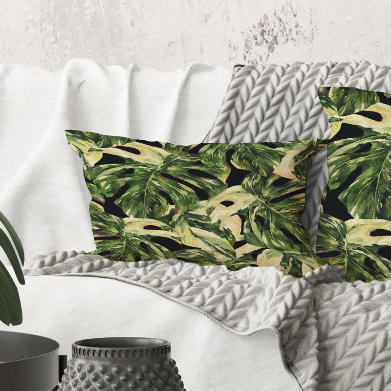 Coussin Rectangle, feuilles naturelles exotiques sur fond foncé II - imprimé tropical