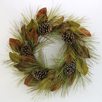 Couronne de noël en plastique 26 po magnolia feuilles et paillettes en pin