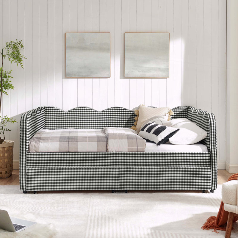 Gingham Daybed Storage Drawers USB Port Wave Shaped, Full , Black
