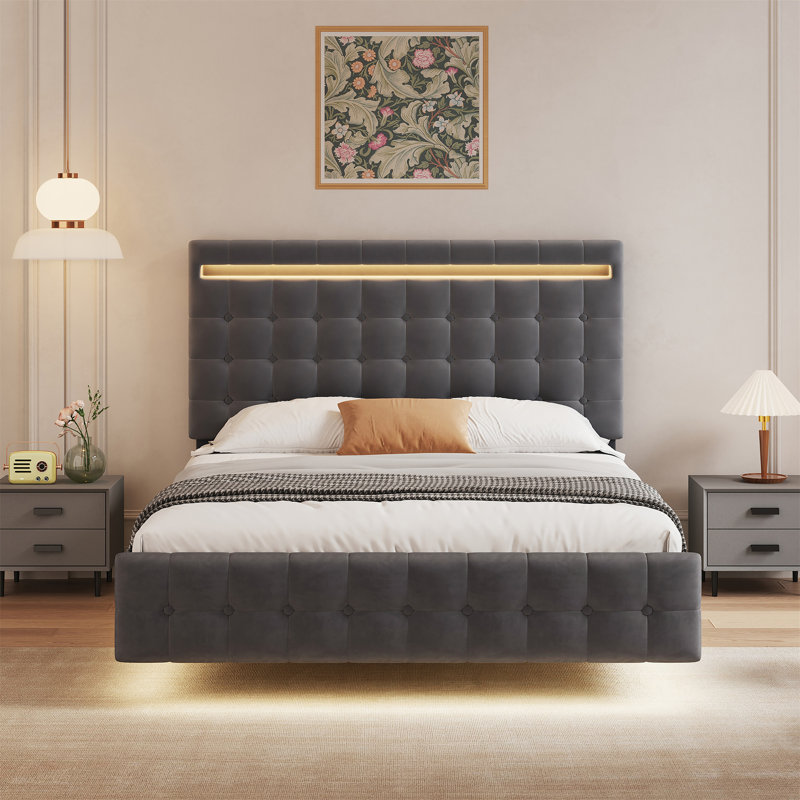 Floating Bed Frame Queen Size With LED Lights
