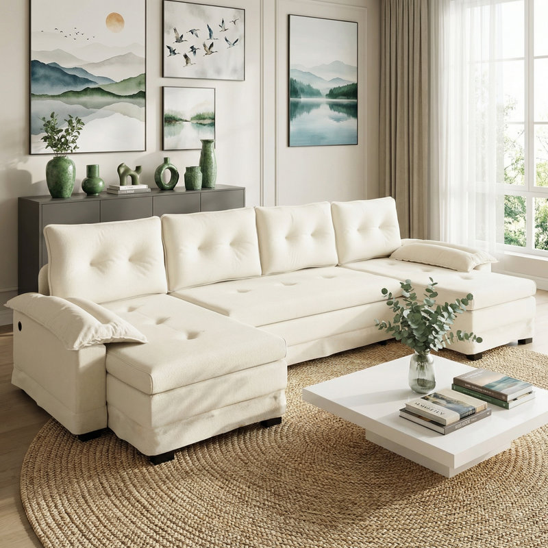 Boneless 109.5" U-Shaped Sleeper Sofa Bed with Pull Out Bed, Modular Sectional with Chaise, USB Ports & Removable Armrests for Living Room