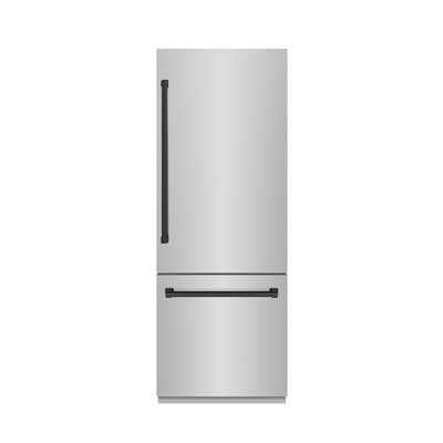 ZLINE Autograph Edition 30 po 16.1 cu. Réfrigérateur à congélateur inférieur intégré avec distributeur d'eau et machine à glaçons en acier inoxydable noir avec intérieur et détails gris graphite