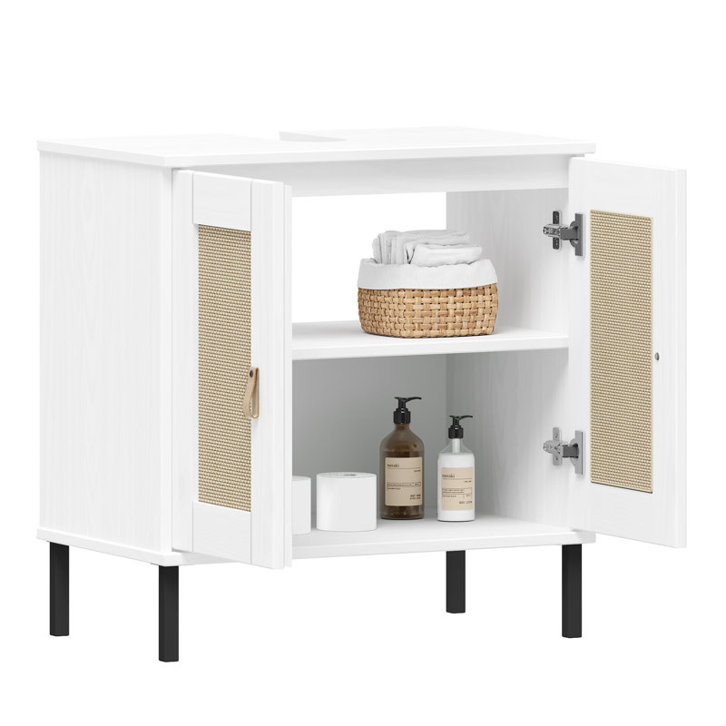 Vanity unit 62 cm Havant solid pine lacquered bathroom cabinet, White