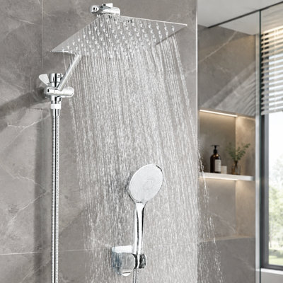 Pommeau de douche carré chromé de 25 cm (10 pouces) à haute pression avec douchette et flexible, pommeau de douche effet pluie en acier inoxydable 304, bras d'extension réglable