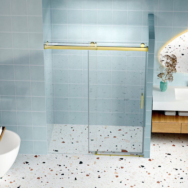 Porte de douche coulissante simple sans cadre à fermeture en douceur, Doré
