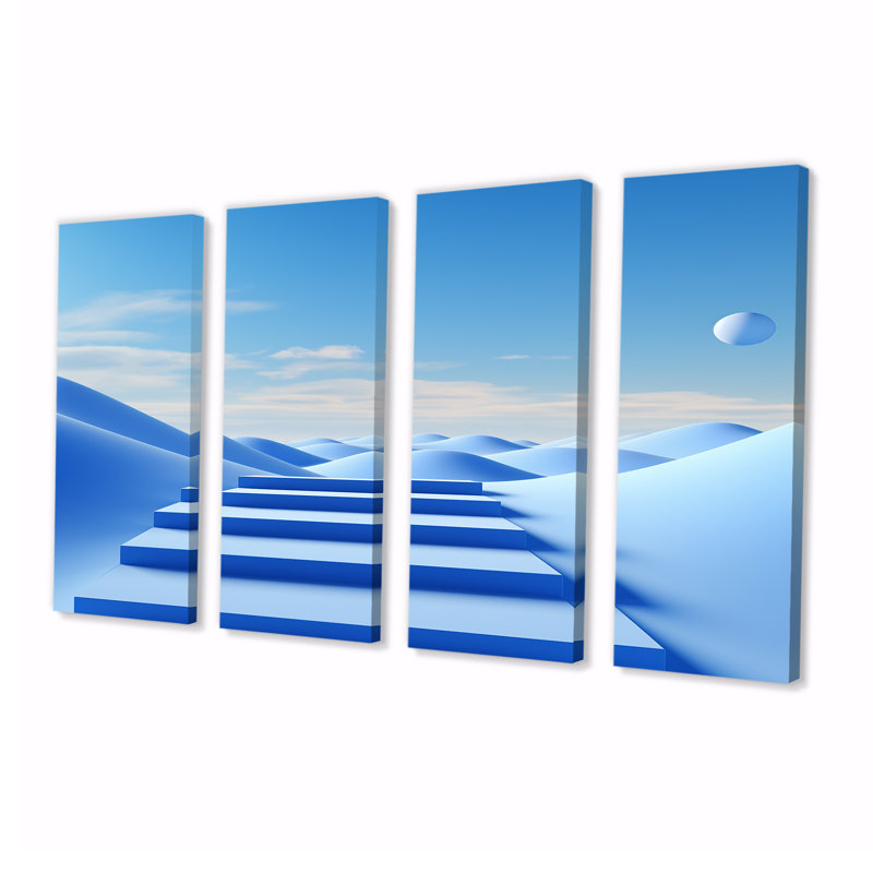 «Blue Zen Stairs Landscape - Abstract Landscape Wall Decor», ensemble de 4 pièces, H 28 po x l 48 po