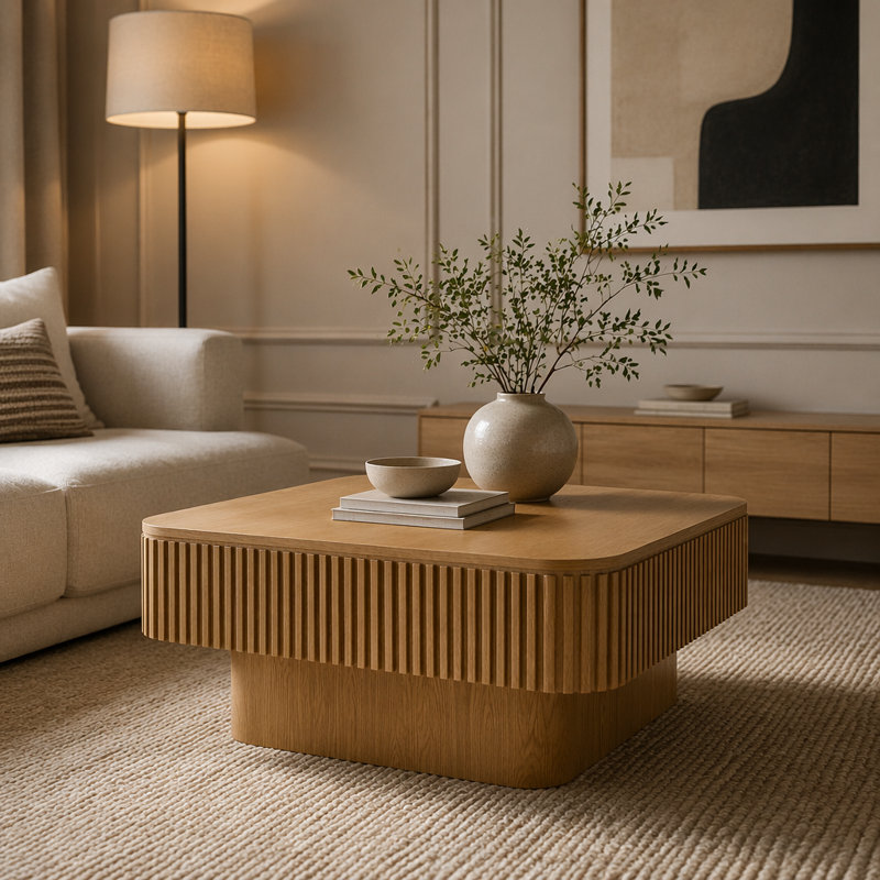 Table basse carrée 31,5 "avec rangement, Bois naturel