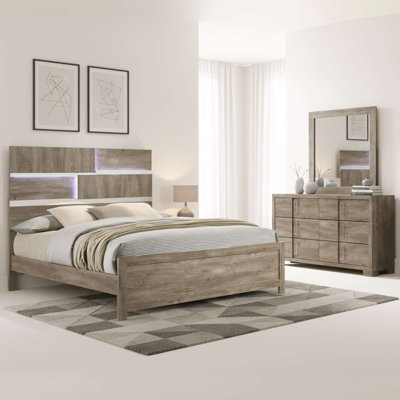 Ensemble de chambre à coucher grand lit 3 pièces avec commode et miroir en brun clair, style contemporain avec tête de lit à DEL et rangement élégant