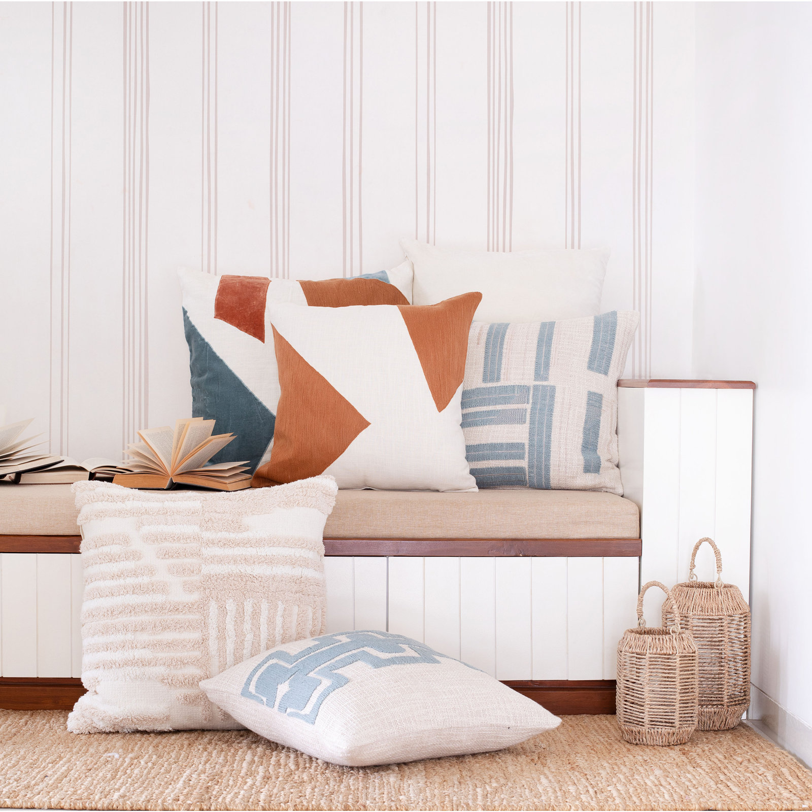 Auburn Geometric Cotton Throw Pillow, Square 18", Brown/White, Down