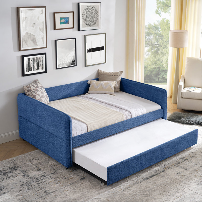 Lit de jour double en tissu avec gigogne et canapé-lit capitonné, Complet/Double, Navy Blue