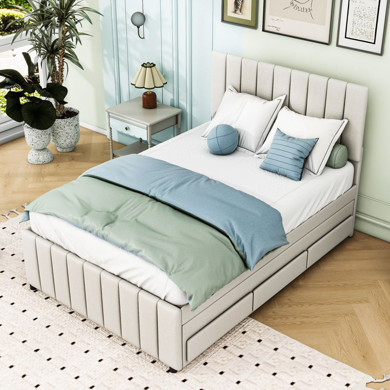 Lit plateforme tapissier avec lit gigogne et 3 tiroirs, Beige, Double