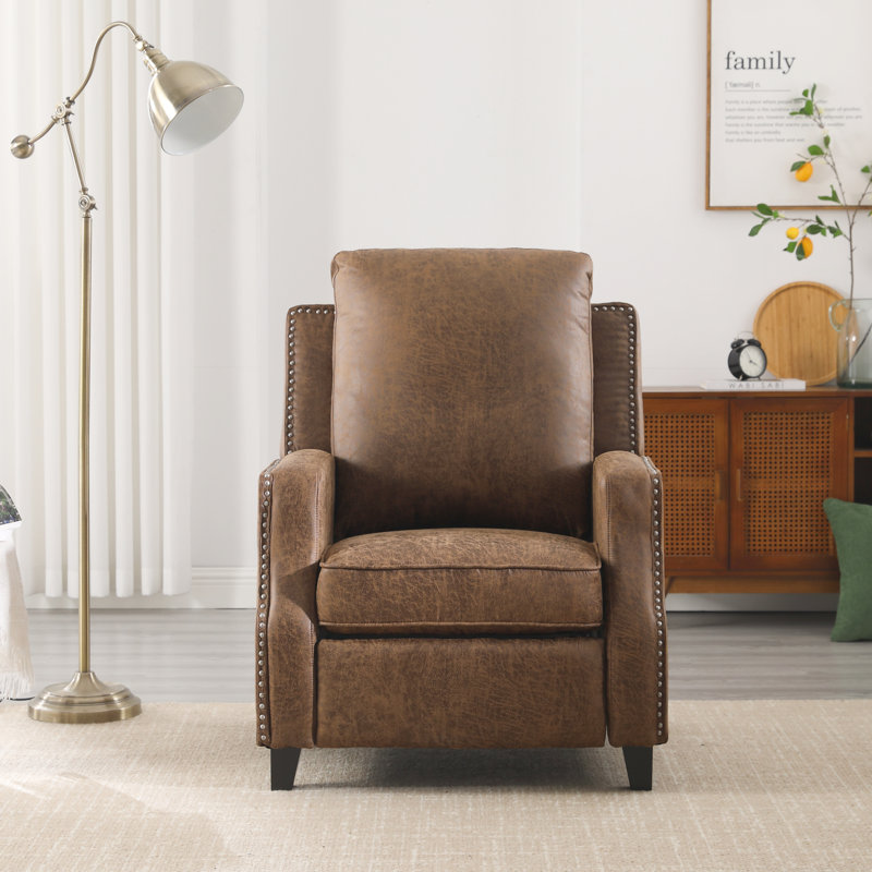 31.1''  Wide Classic and Overstuffed Soft Faux Leather Push Back Recliner with Nailhead Trims, Brown Faux Leather