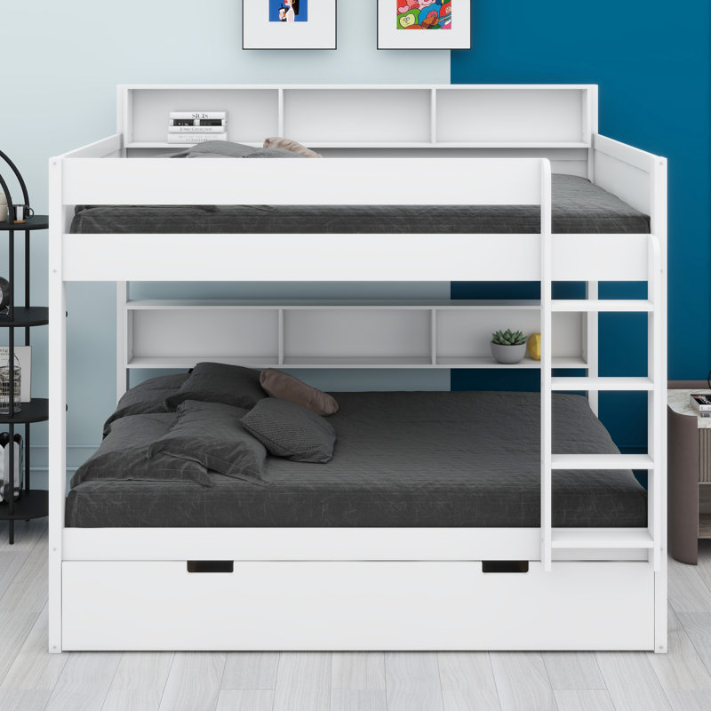 Bunk Bed with Roll-Out Trundle for Extra Sleeping Space, White