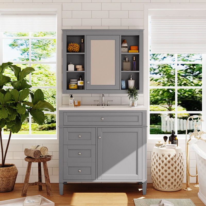 Meuble-lavabo 36 po avec armoire à pharmacie, Gris, Argent
