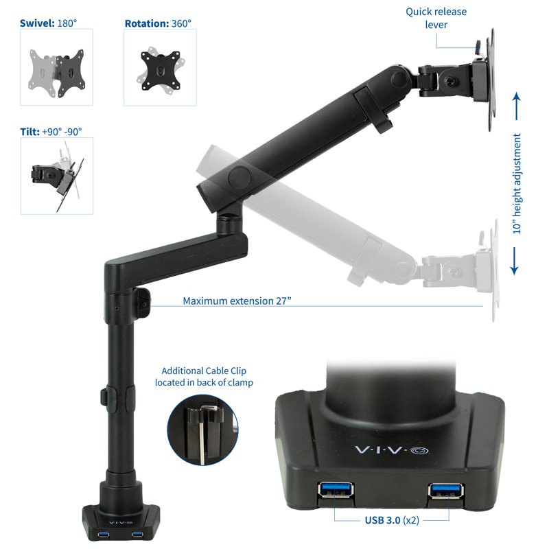Premium Black Aluminum Full Motion Single Monitor Desk Mount with USB Ports