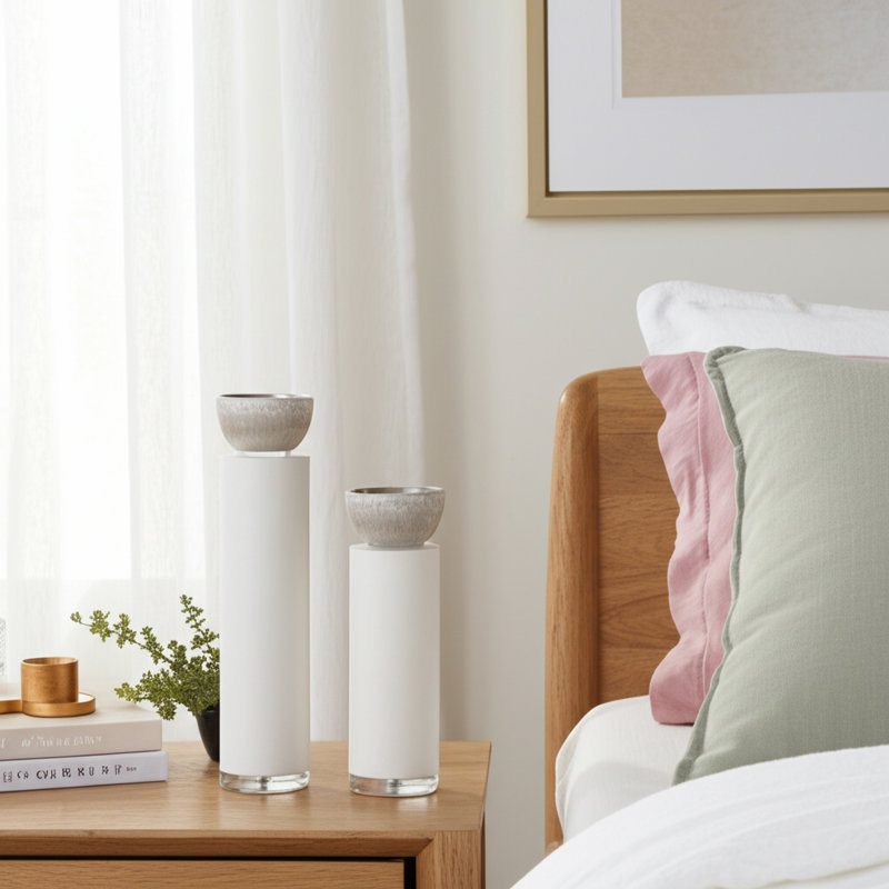 Porte-bougie cylindrique moderne pour décor de table - Porte-bougie décoratif pour entrée ou salon - ensemble de 2, 13 po, 11 po, blanc