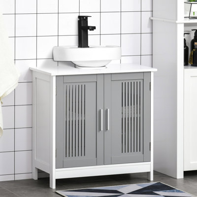 Armoire de salle de bain grise et blanche - Rangement sous l'évier avec portes en gris / blanc pour économiser de l'espace, tablettes réglables