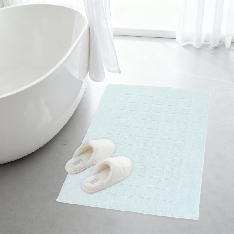 100% Cotton Thick & Absorbent Reversible Checkered Bath Mats - Set Of 2, Sea Foam