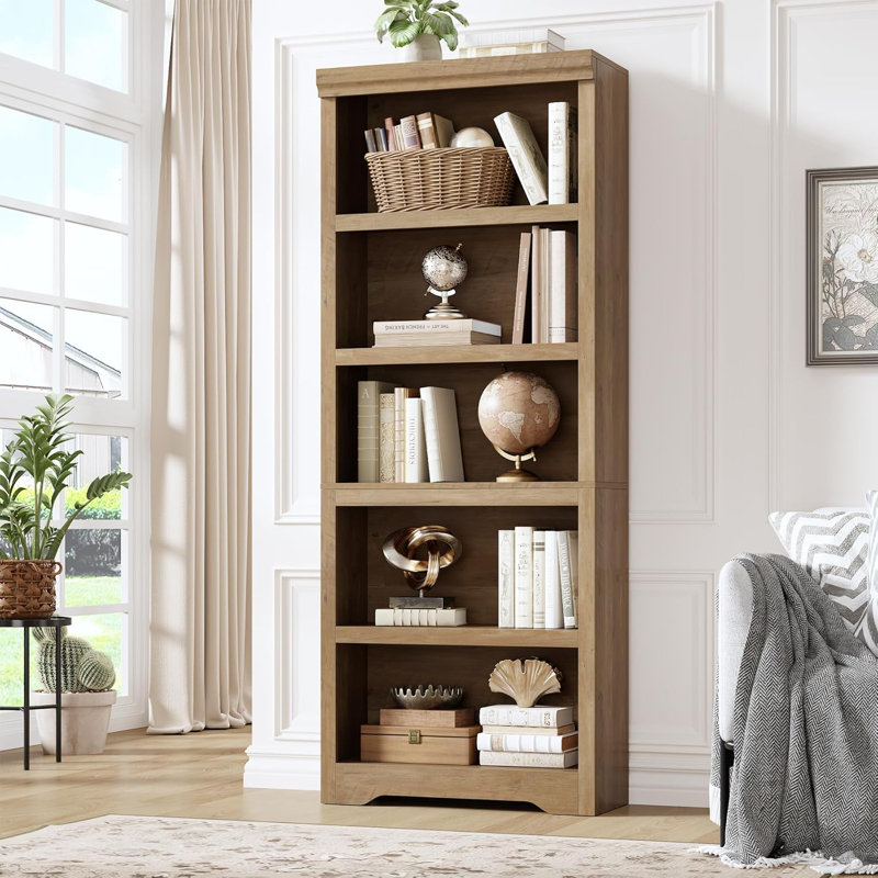69"5-Tier Farmhouse Bookcase with Adjustable Shelves, Open Display Storage Bookshelf for Home Office, Living Room, Study or Balcony