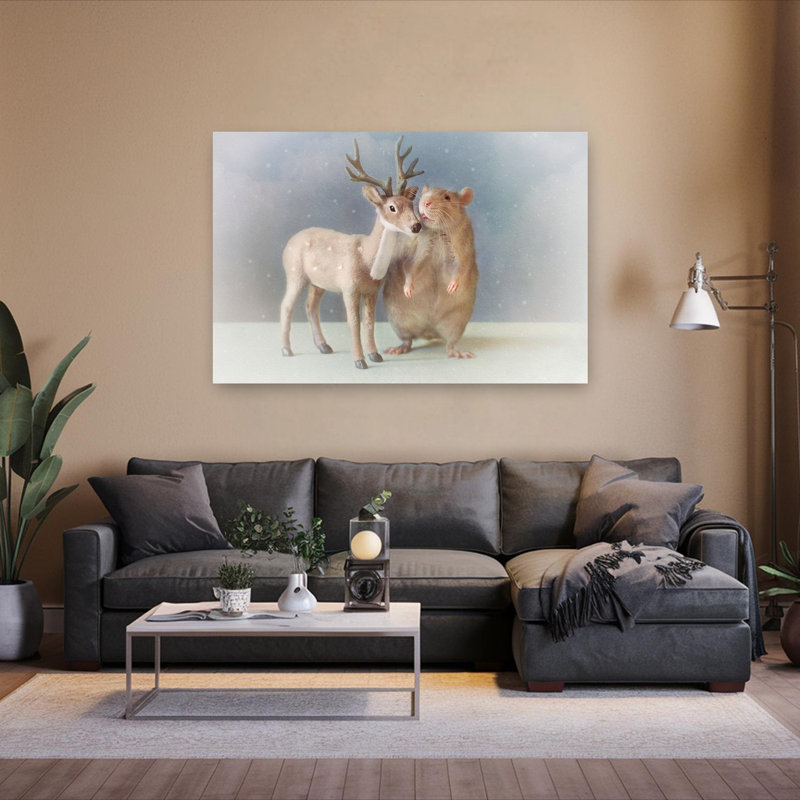 Cute Rat Deer Friends Whimsical Abstract Contemporary Deer Portrait Winter Wall Art Print by Ellen van Deelen - 1 Piece Wrapped Canvas Wall Art