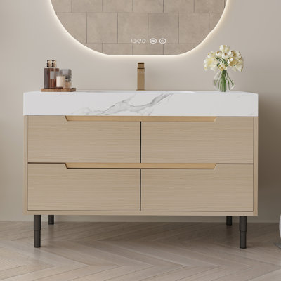 35.4" Modern Bathroom Vanity With Sintered Stone Top & 4 Drawers, Freestanding/Wall-Mounted