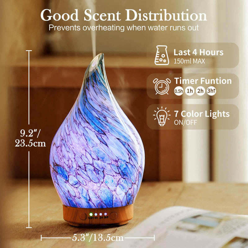 3D Glass Aromatherapy Oil Diffuser - 100ml, Ultrasonic, Auto Shut-Off, Timer, BPA Free, 4H Run Time, Ideal for Home & Spa