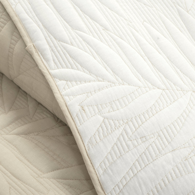 King White Reversible Cotton Quilt Set with Embroidered Leaves