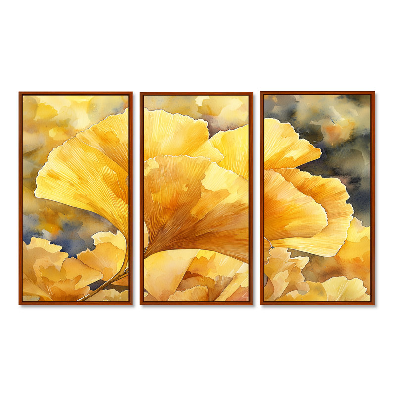 Golden Ginkgo Leaf II - feuilles, art mural - ensemble de 3, Brun, Impression encadrée sans passe-partout, H 32 po x l 48 po