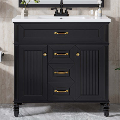 Meuble-lavabo autoportant 36 po avec lavabo en céramique 36 po, tiroir supérieur rabattable, portes à fermeture en douceur, 2 tiroirs de rangement