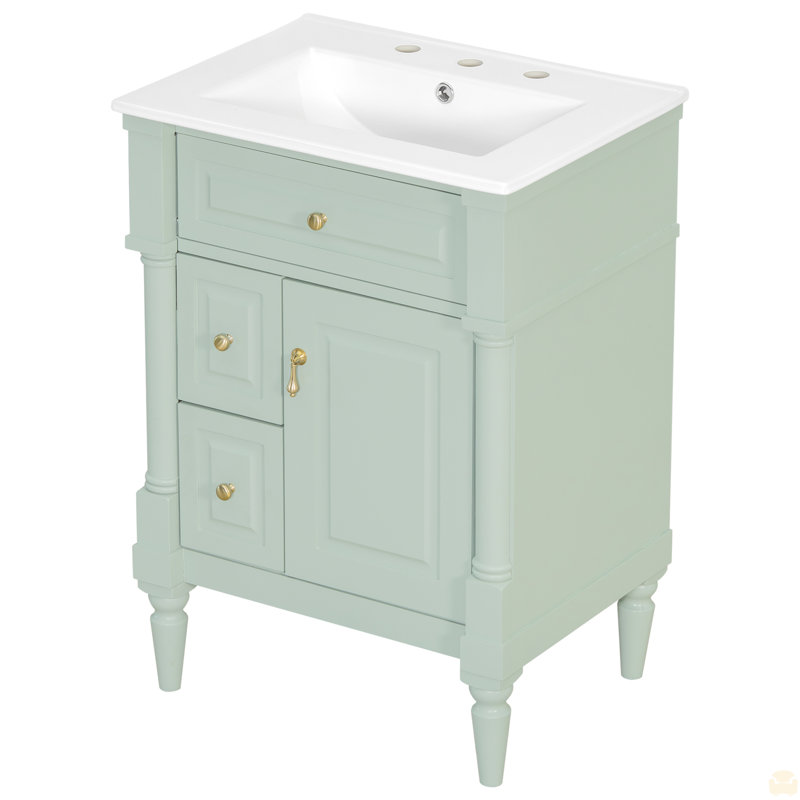 Meuble-lavabo sur pied 24 po avec lavabo, armoire de salle de bain autoportante avec tiroir rabattable et tablette réglable 24 po