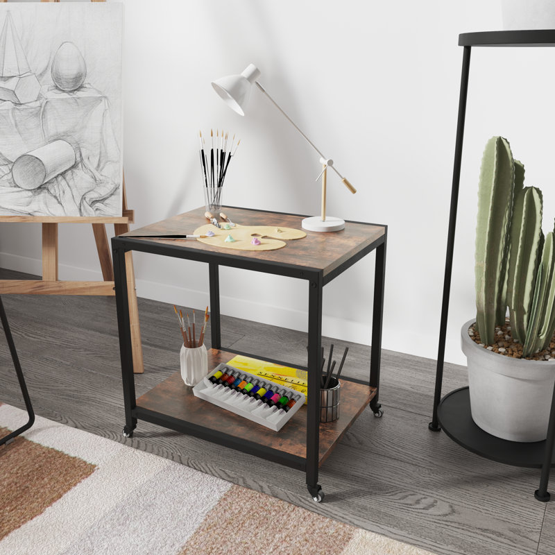 Tablette en fer et en bois à deux couches avec roulettes