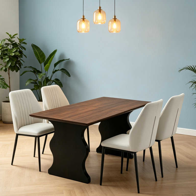  Table de salle à manger extensible avec chaises rembourrées Kincannon, 5, Beige