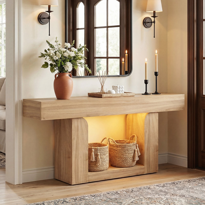 63" W Console Table, Entryway Table With LED Lights And Charging Station, Natural Oak, Natural Oak