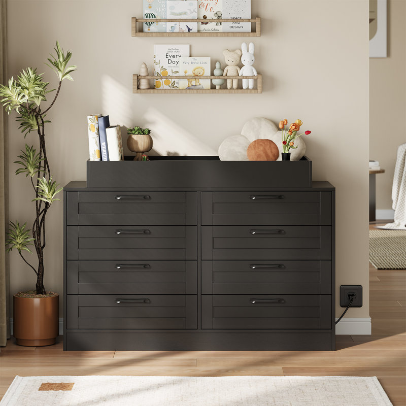 Changing Table Dresser with Power Outlet, 8 Storage Drawers, Nursery Organizer, Black