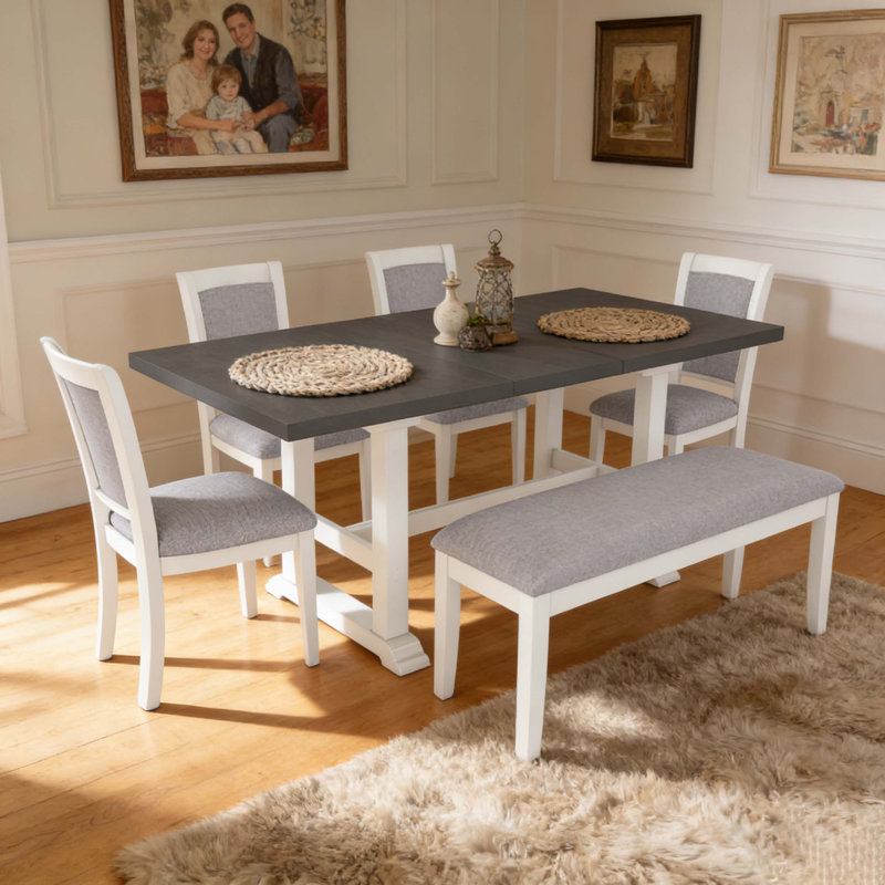 Ensemble de table de salle à manger à tréteaux 6 pièces avec rallonge amovible de 17,7 po, chaises et banc rembourrés, blanc et gris