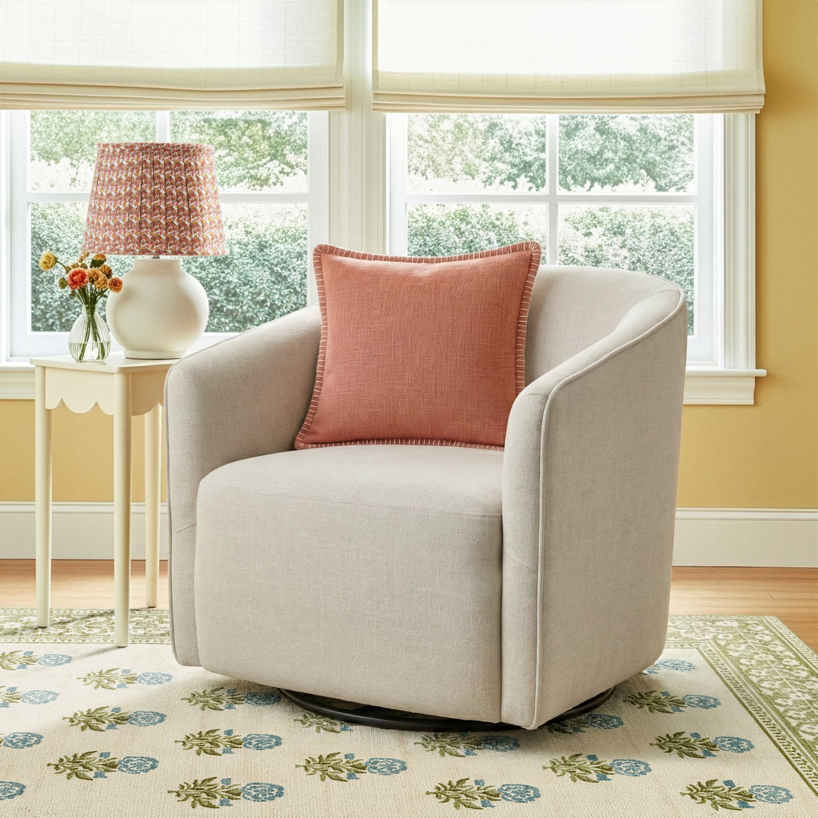 Caines Linen Swivel Barrel Chair, Effie Linen Performance Linen