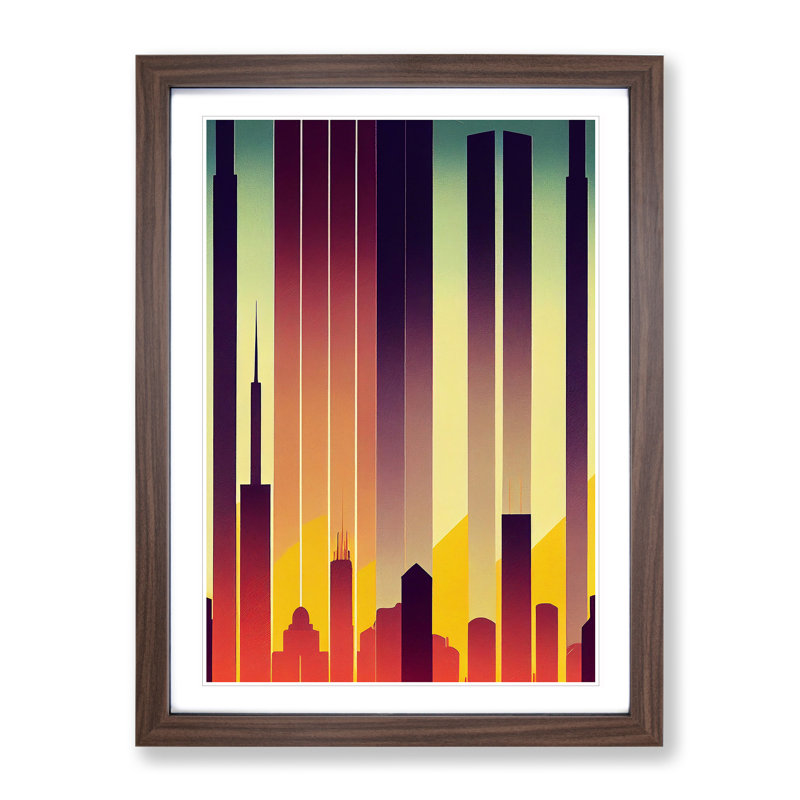 City Skyline in Art Deco No.4 1 Piece Single Picture Frame Wall Art, 34cm H x 25cm W x 2cm D, Walnut