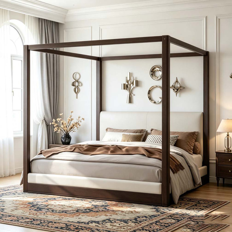 Lit plateforme à baldaquin en bois avec tête de lit tapissier, Très grand lit, Espresso