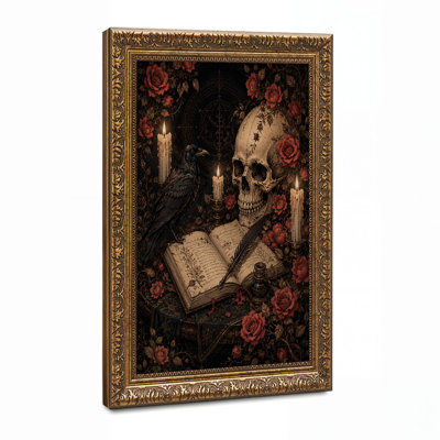 Gothic Skull and Raven with Red Roses and Candles Halloween Canvas Wall Art