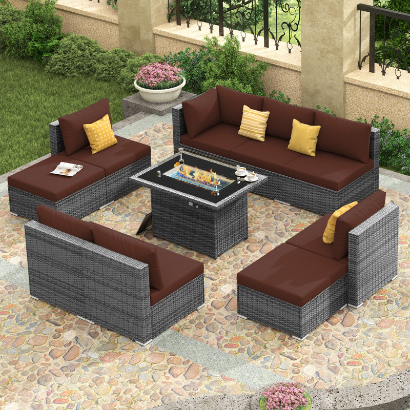 Bromelia 10-Piece Outdoor Modular PE Wicker Sectional Conversation Set with 43" Propane Fire Pit Table and Cushions, Red