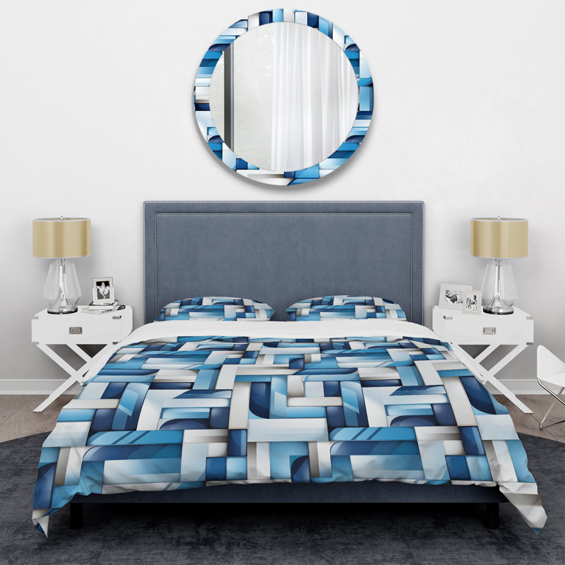 Ensemble de housse de couette blanc et bleu à blocs géométriques Harmony II, Housse de couette pour très grand lit et 2 très
