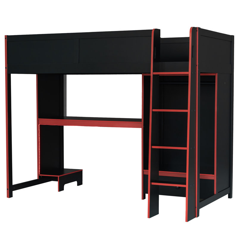 Lit mezzanine simple en bois avec bureau intégré, garde-robe, lampe à DEL et tiroir - multifonctionnel pour les adolescents