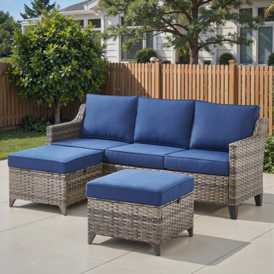 Harperayne 3-Piece 73.2" Wide All-Weather Wicker Patio Sofa Set With Thick Cushions & Ottomans